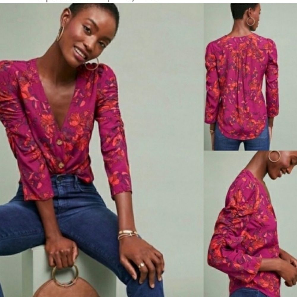 (BOGO FREE) Maeve by Anthropologie Button Down Floral Blouse Ruched Sleeve XXS